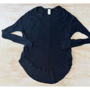 We The Free Free People Catalina Black Waffle Knit Thermal V-Neck Top Small Boho